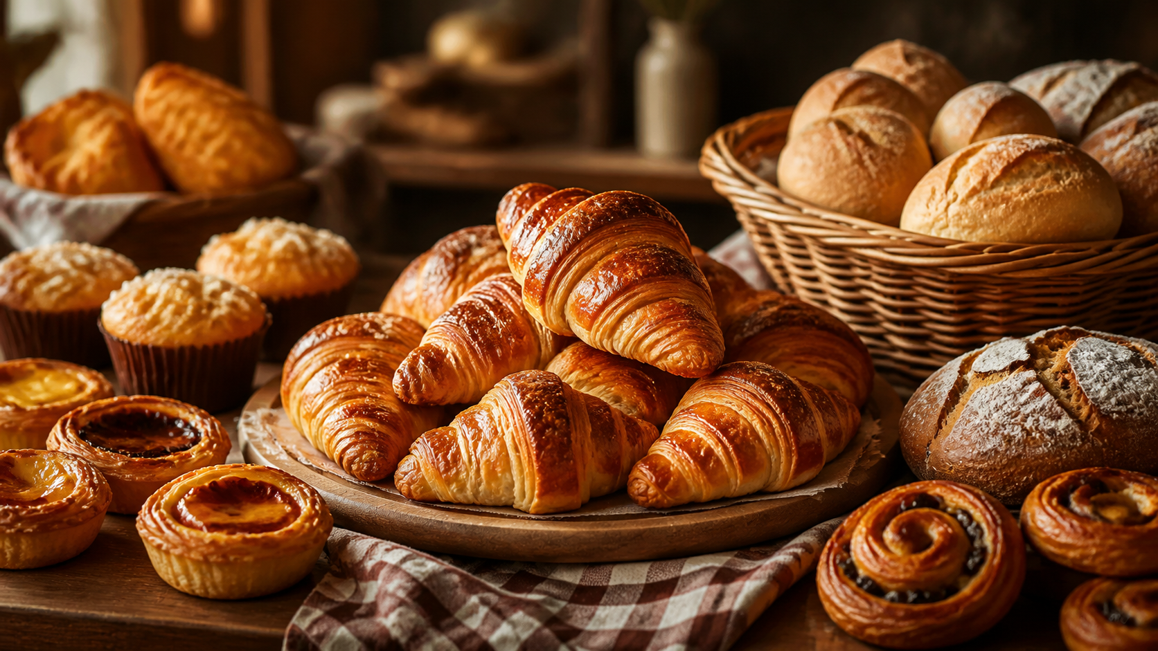Golden croissants, bread, and pastries on a bakery counter