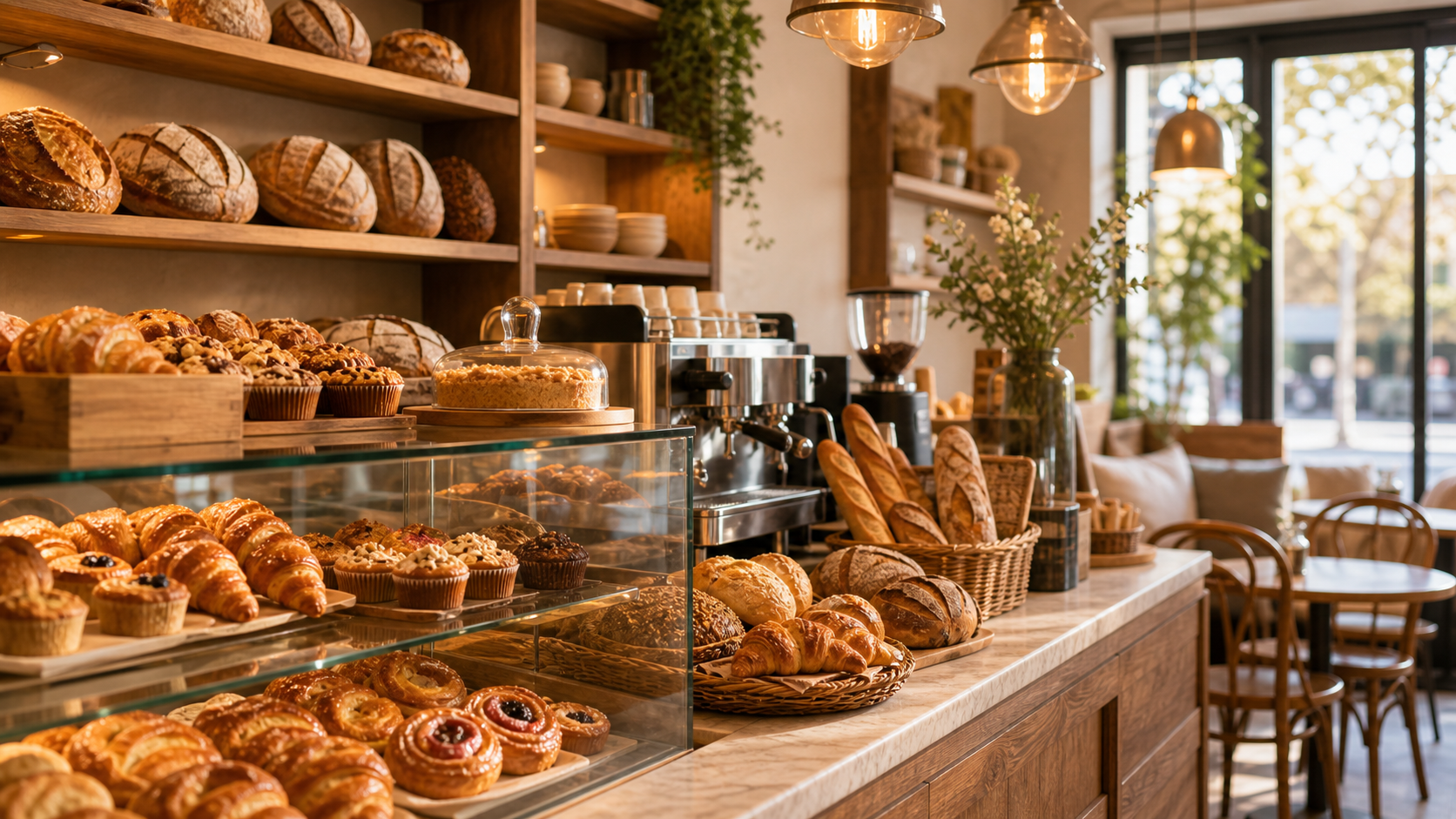 Warm bakery cafe interior with pastries, bread shelves, and an espresso machine