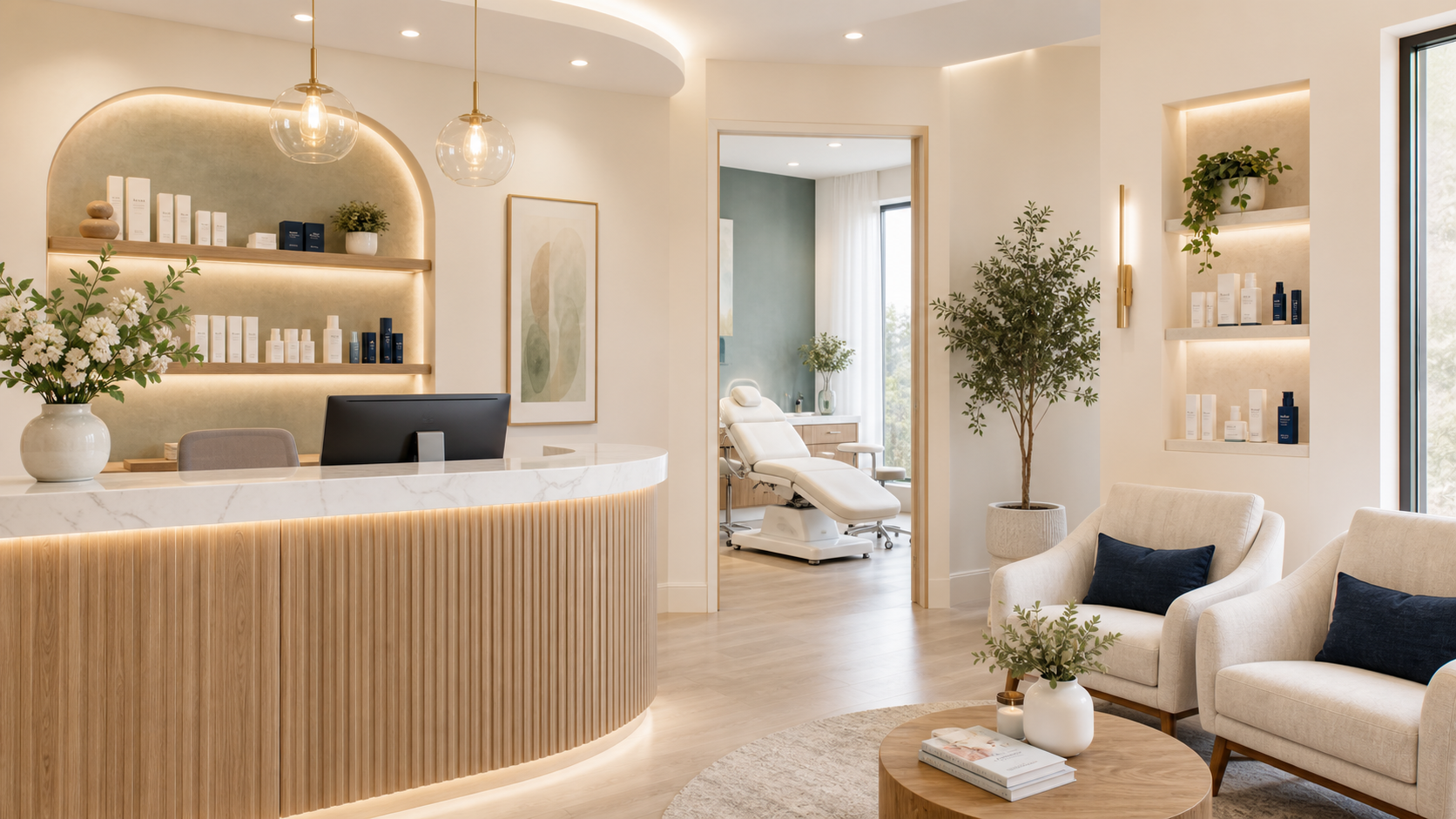 A premium clinic reception and treatment room with soft cream walls and product shelves