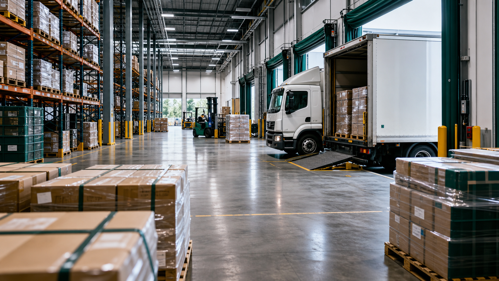 A modern freight warehouse with pallets and a truck at a loading dock