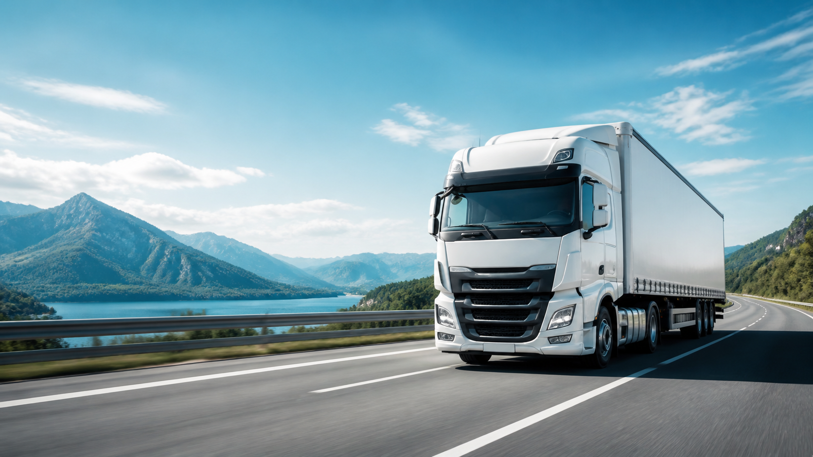 A white freight truck driving on a mountain highway